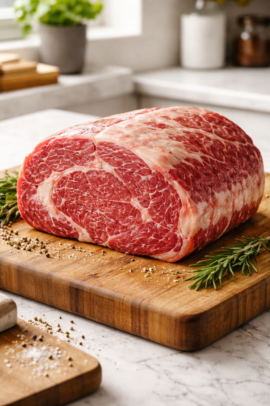 Marbled beef cut with visible fat marbling on cutting board