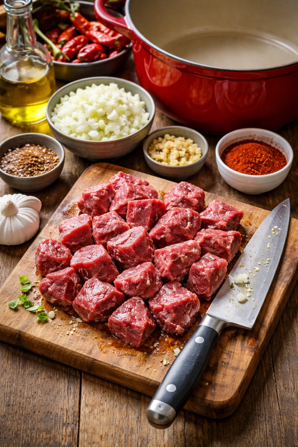 Beef chunks on a cutting board with a Dutch oven in the background