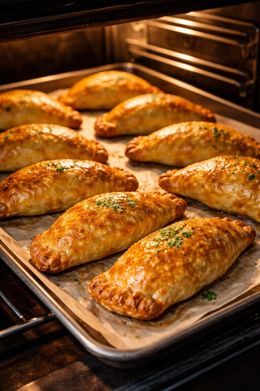 Tray of golden baked beef empanadas on parchment.