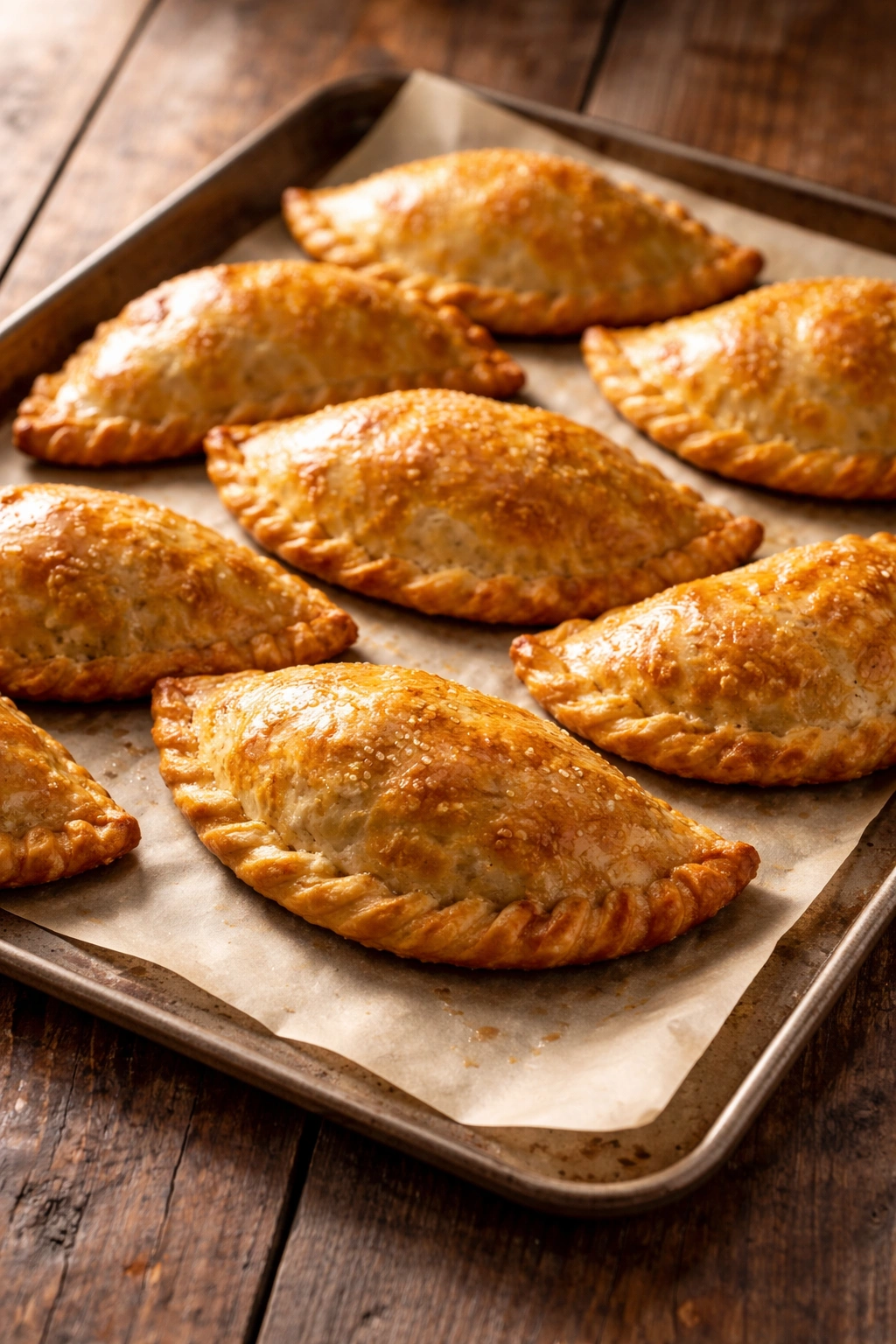 Golden beef empanadas with flaky crust on parchment