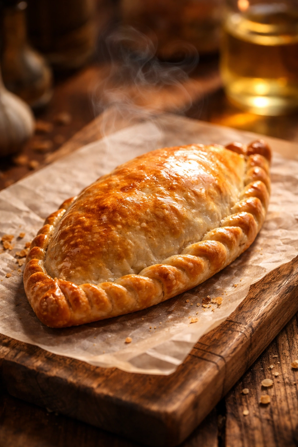 Close-up of a flaky, homemade beef empanada on parchment under warm kitchen lighting