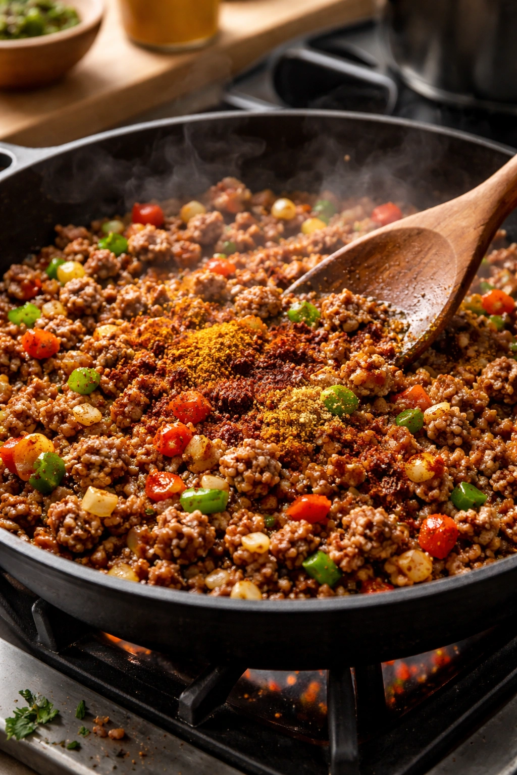 Browned beef filling with onions, garlic, and peppers in skillet.