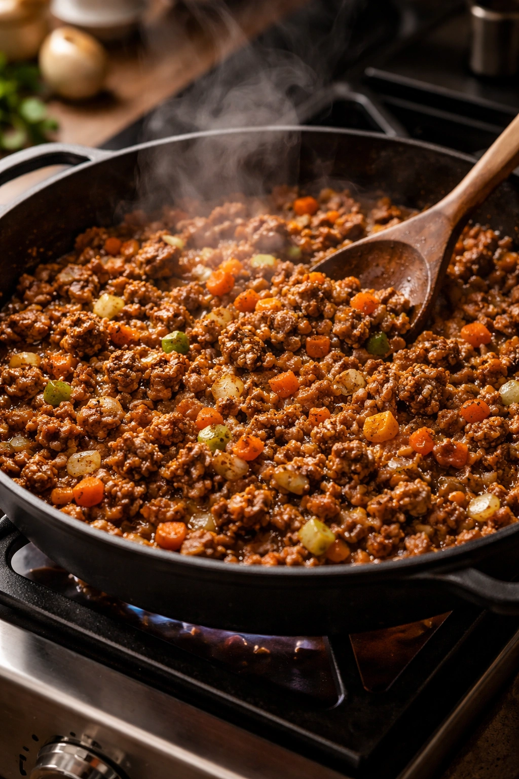 Skillet with browned beef and vegetables cooking in a savory filling