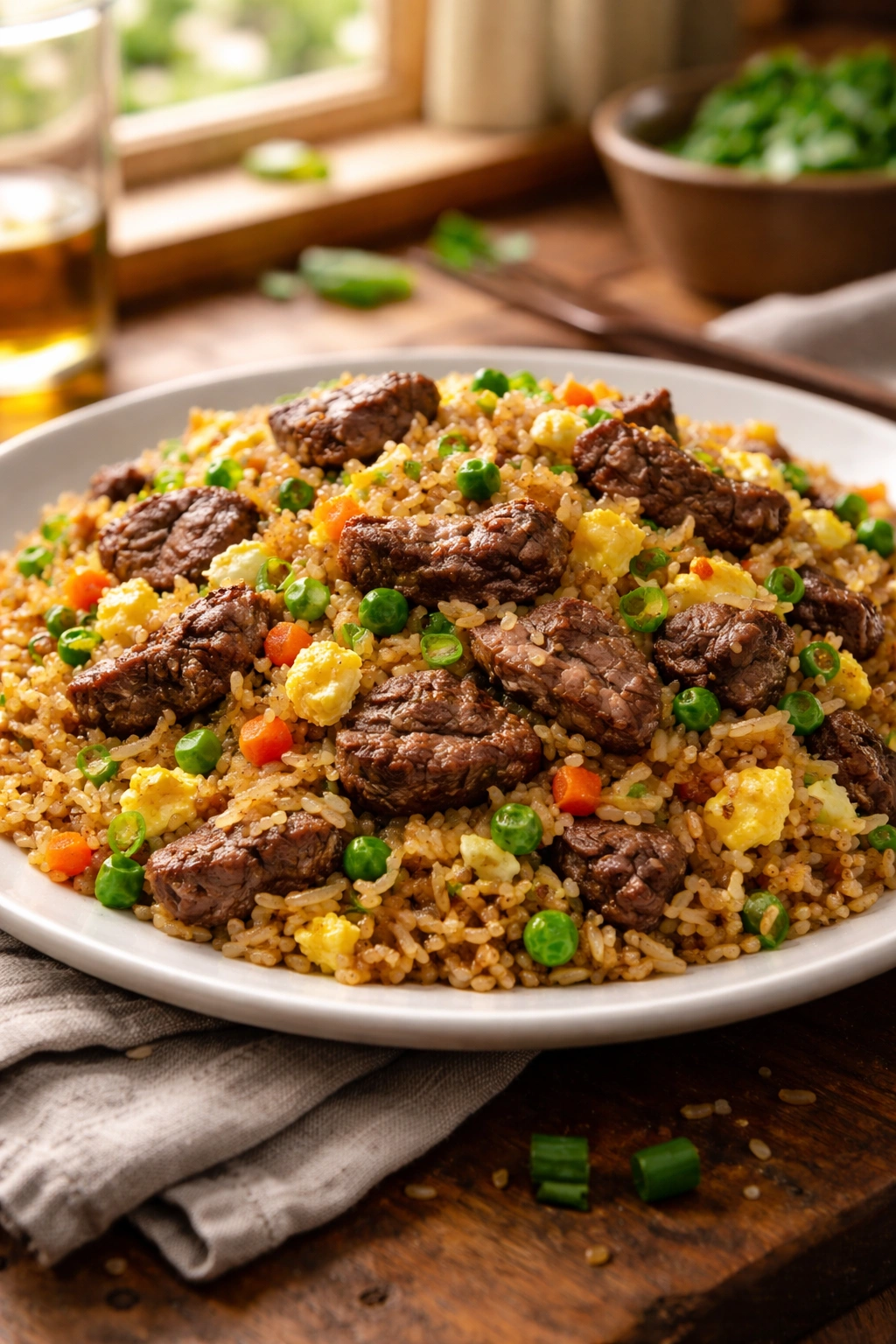 Beef fried rice on plate showing beef chunks and separated grains in warm kitchen