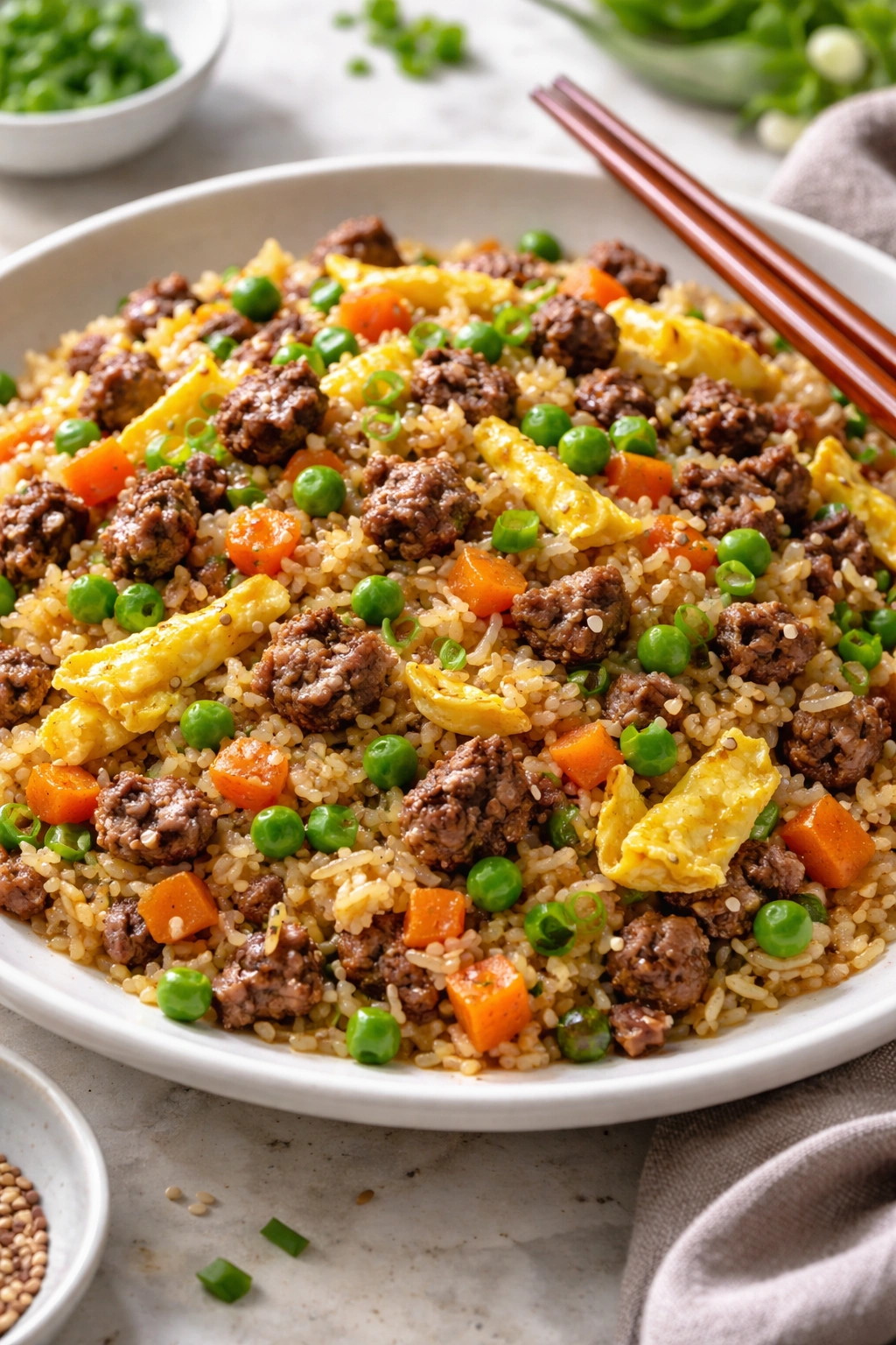 Plate of beef and vegetable fried rice with ground beef, peas, carrots and eggs on a bright kitchen table