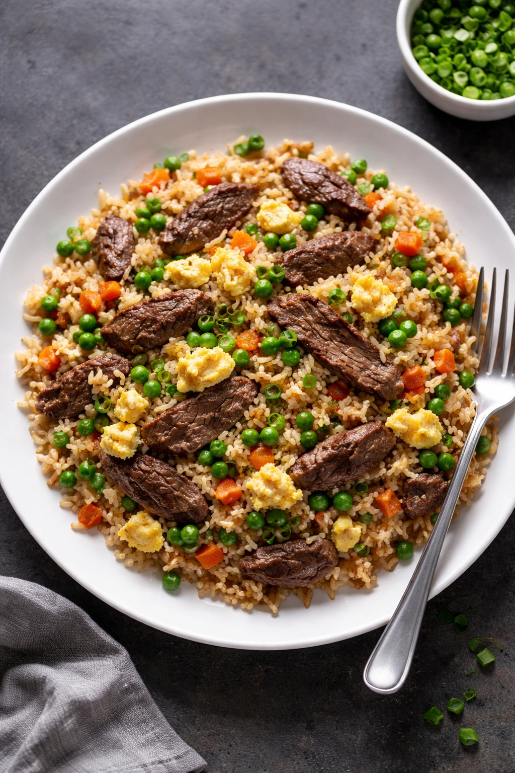 Plate of beef fried rice with vegetables and egg on a dark background