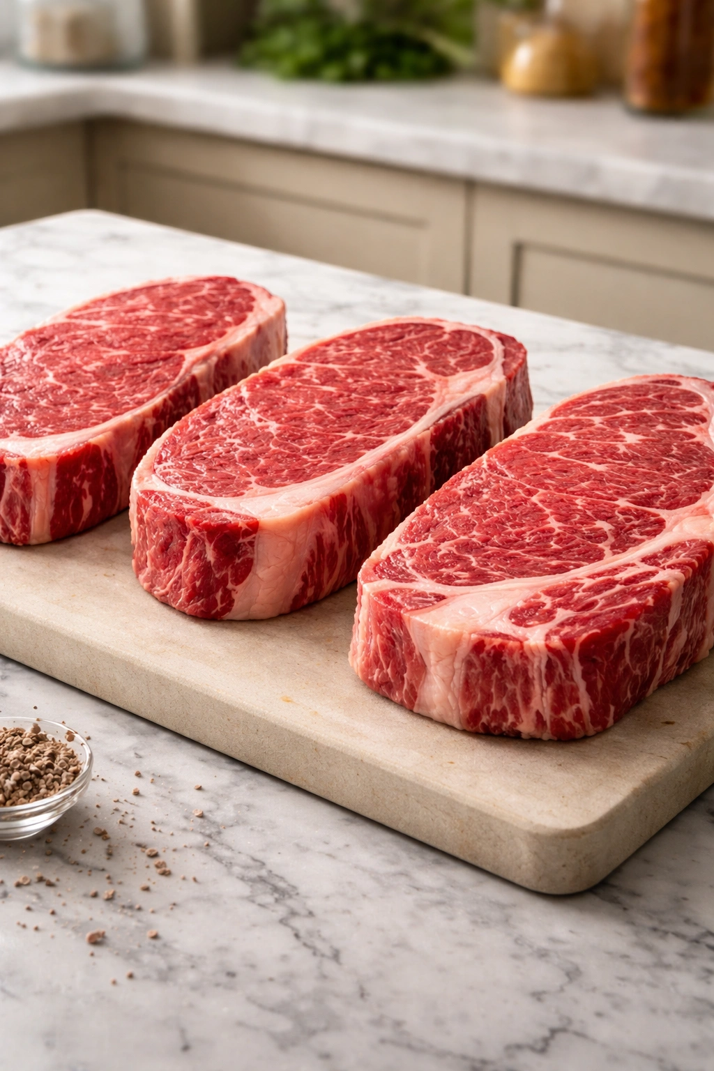 Three steaks showing different marbling levels to illustrate beef grades