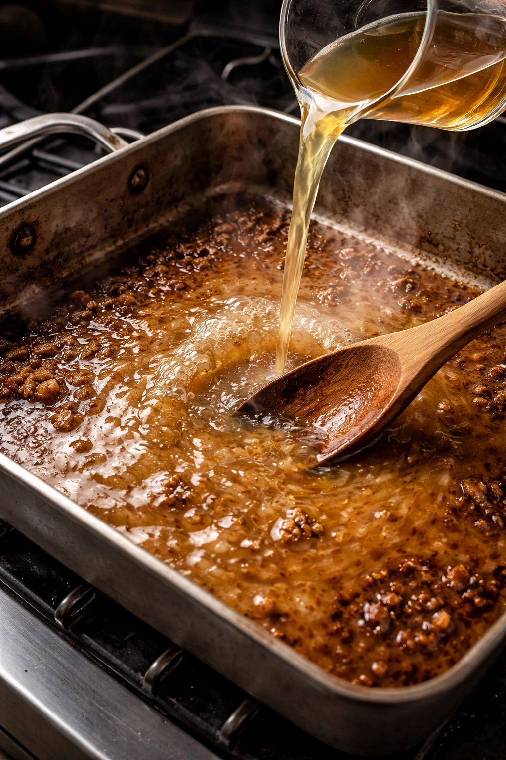 Beef gravy forming from pan drippings on stove