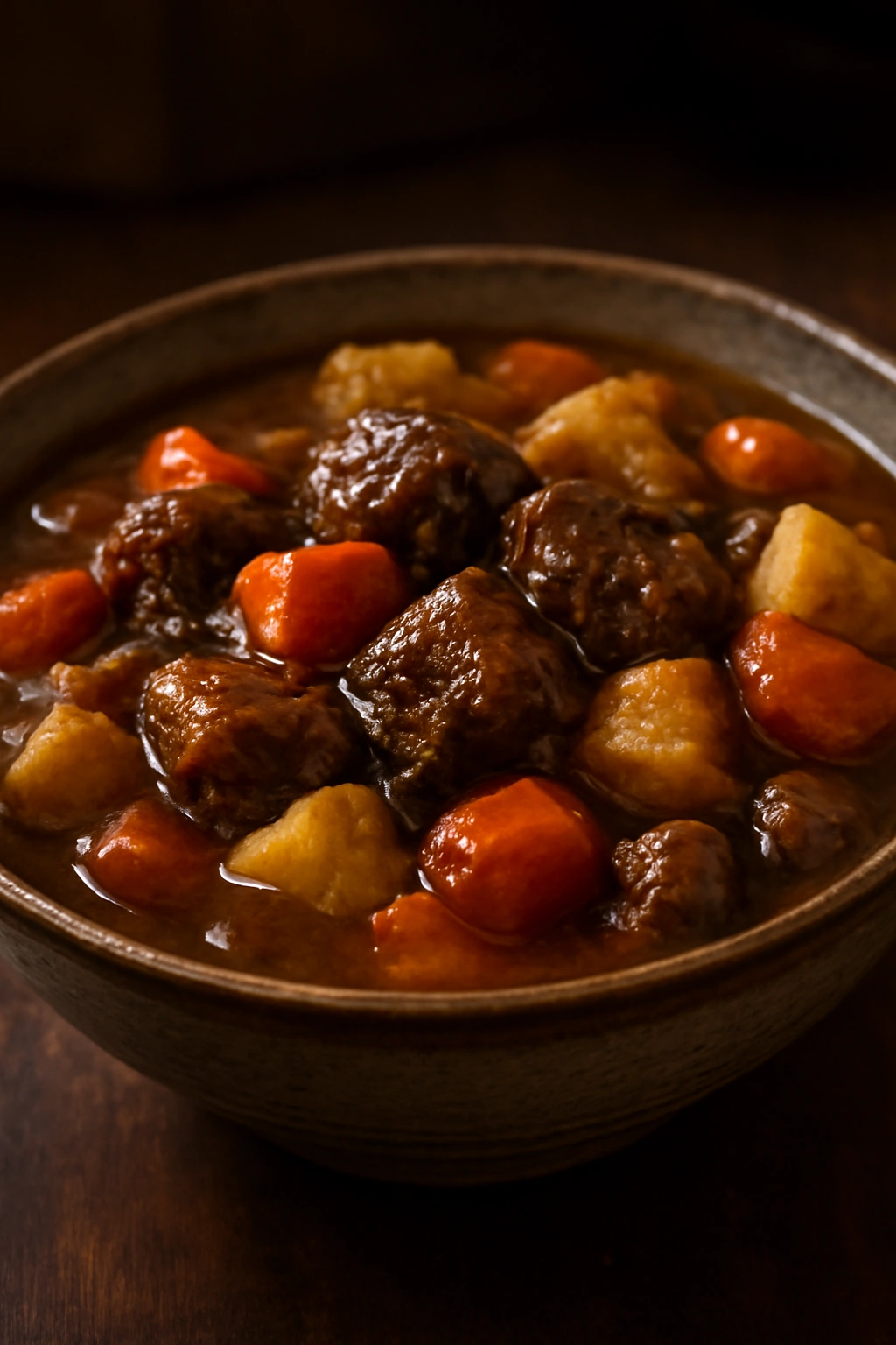 Beef and Guinness stew with vegetables in a rustic bowl