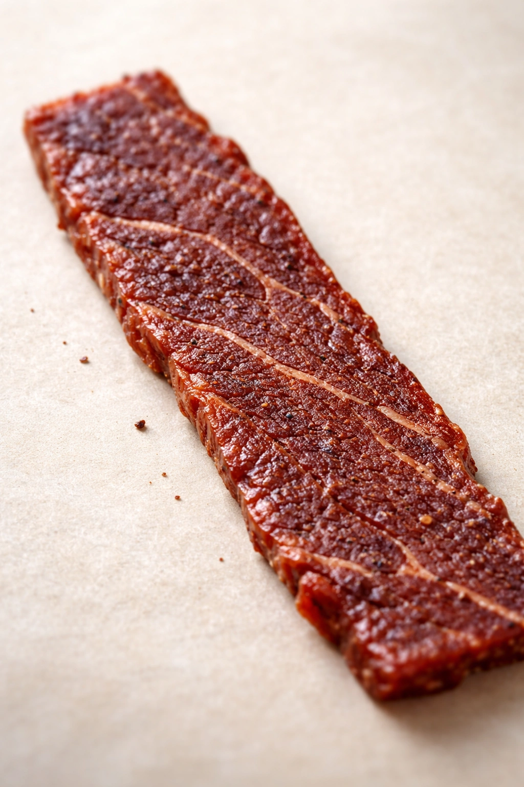 Single lean beef jerky strip on a neutral background