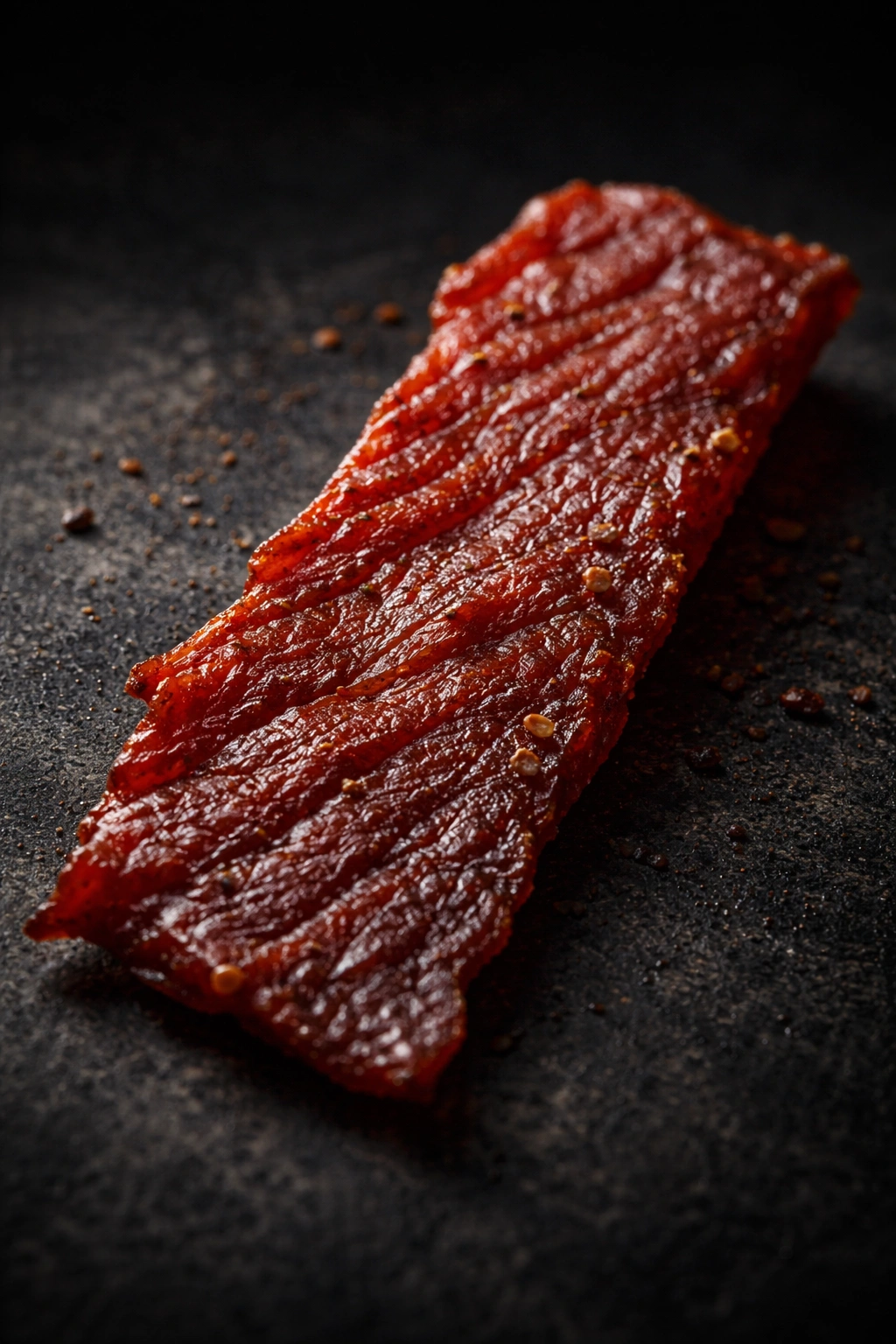 Single beef jerky strip on a dark background