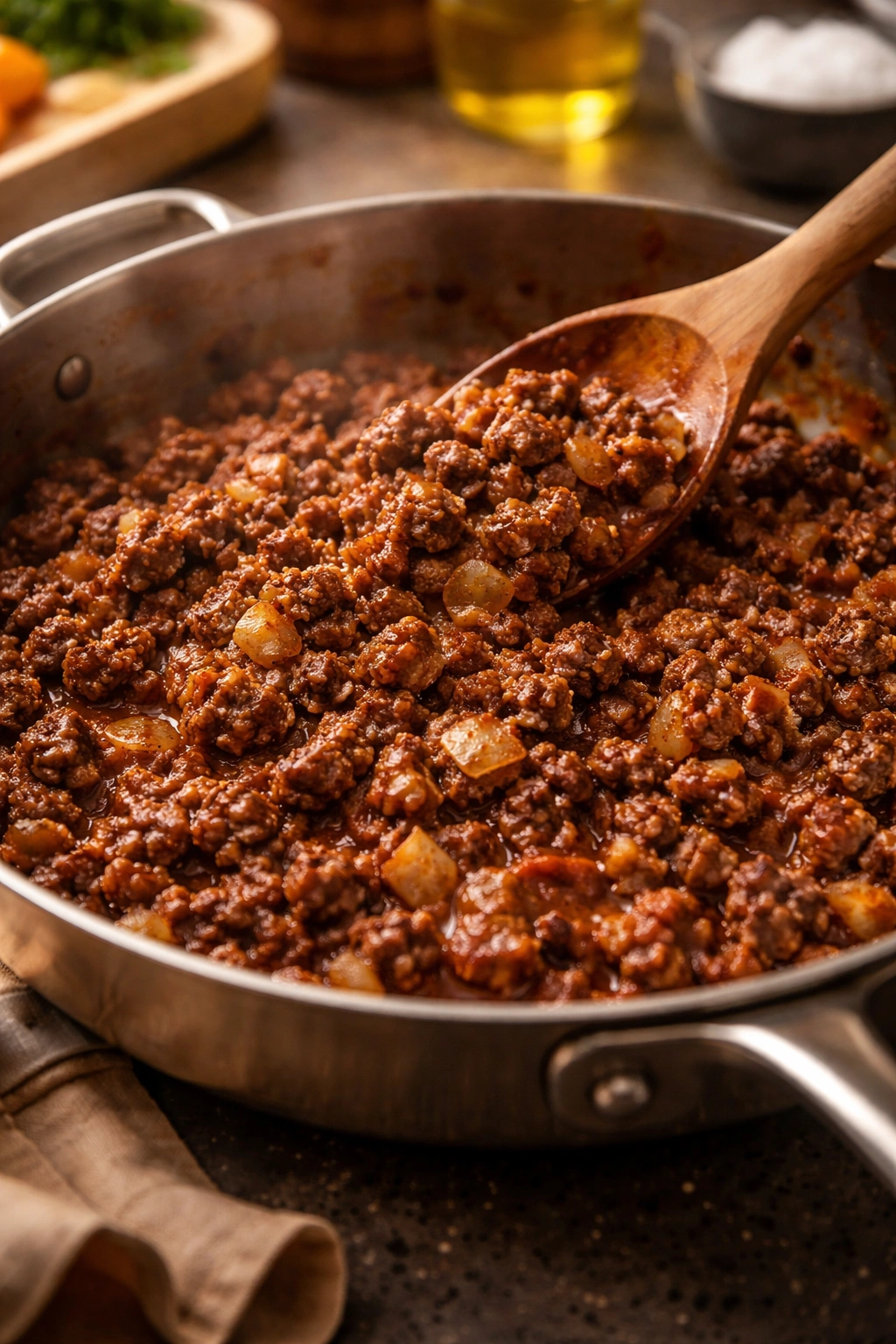 Close-up of browned ground beef and onions in pan forming meat sauce