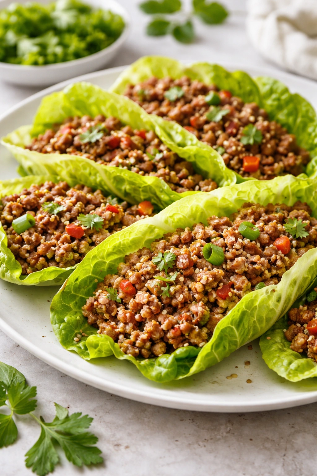 Lettuce wraps with lean beef filling on a plate