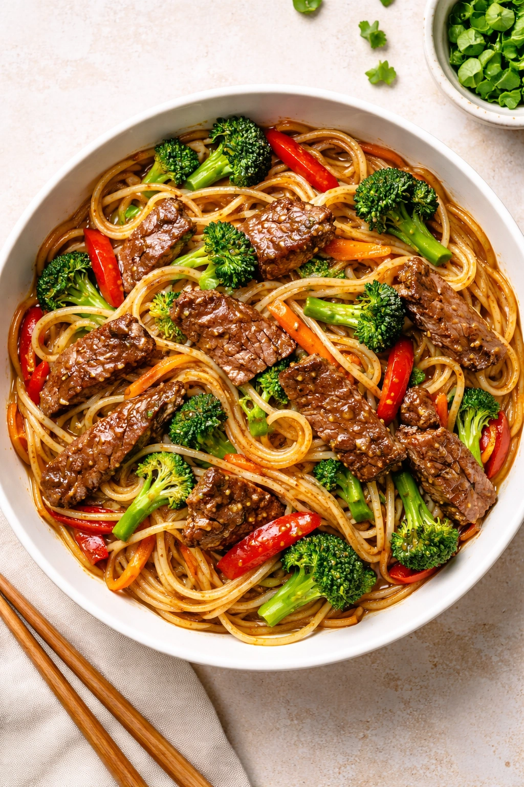 Beef and vegetables lo mein on plate