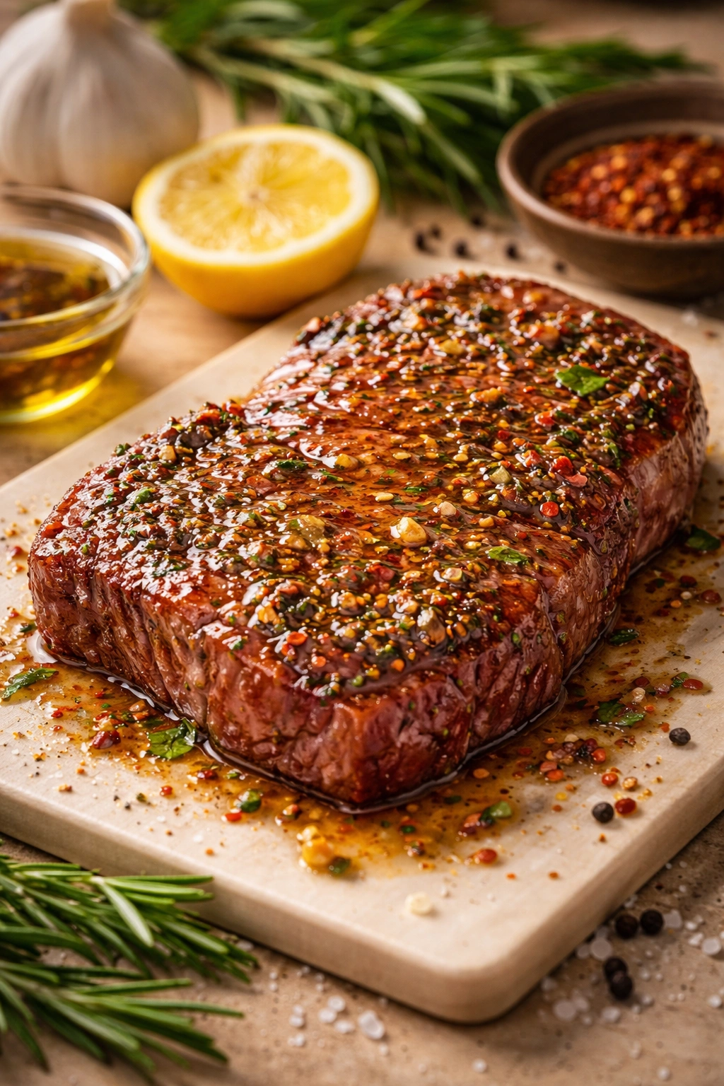 Beef steak with glossy multi-toned glaze suggesting marinades