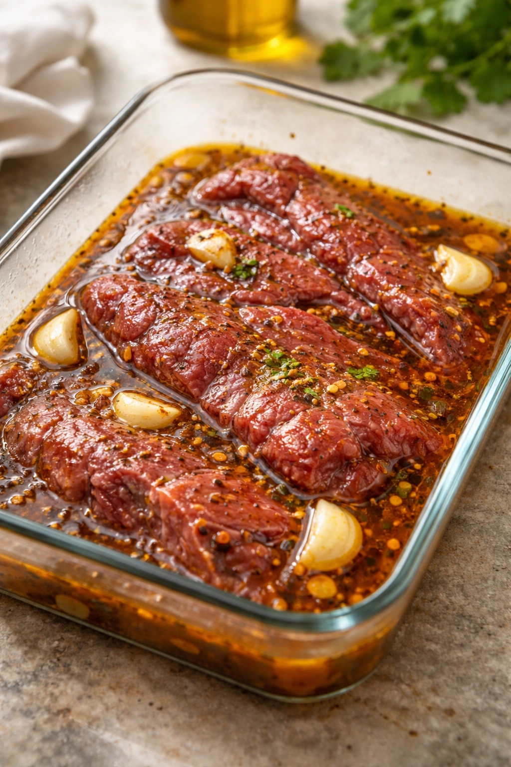 Raw skirt steak marinating in amber liquid with garlic in a glass dish