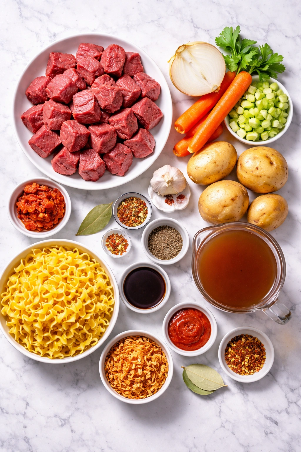Beef casserole ingredients laid out ready for assembly