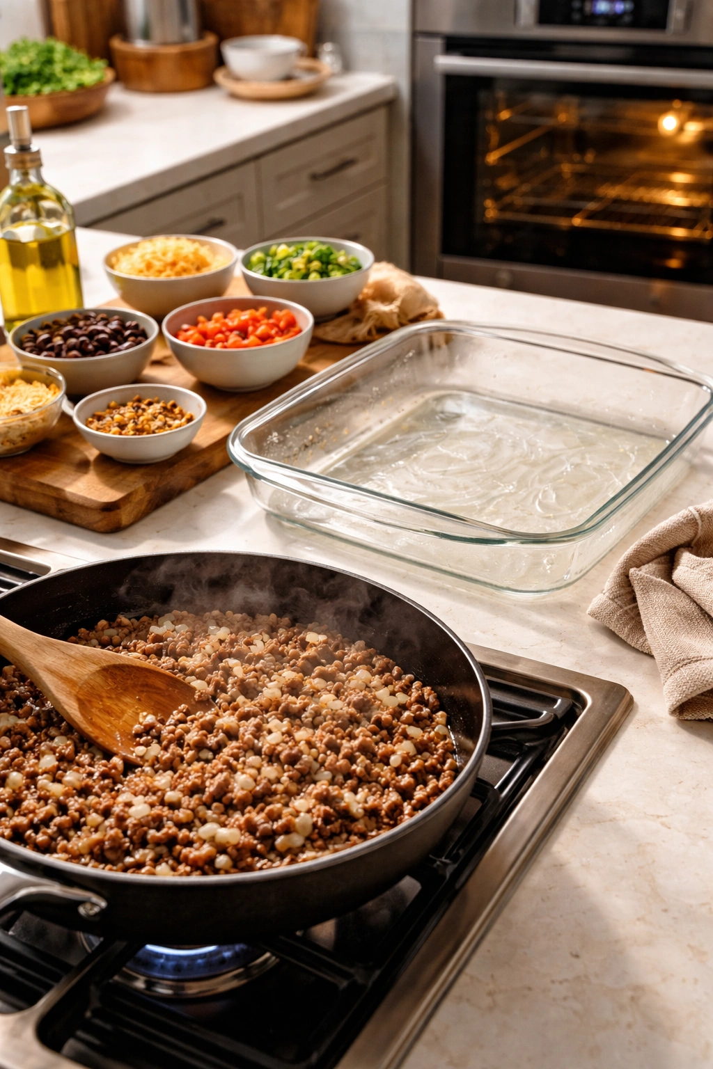 Close-up of a skillet browning onions and beef beside a greased 9x13 baking dish in a bright kitchen.