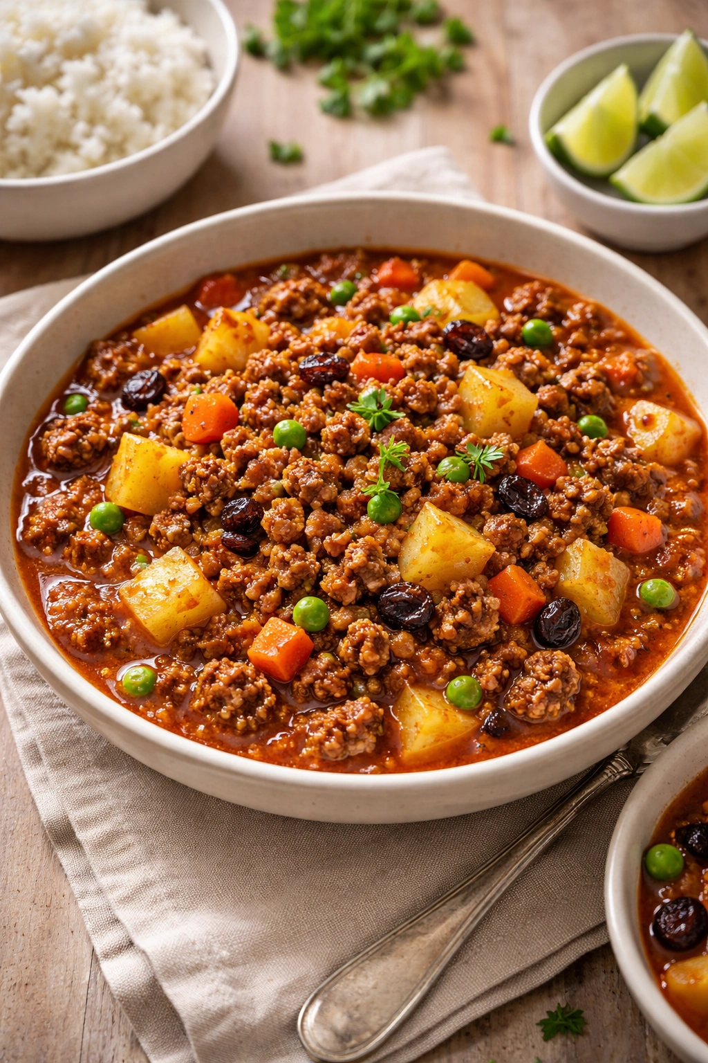Bowl of beef picadillo with potatoes, carrots, raisins and peas in tomato sauce