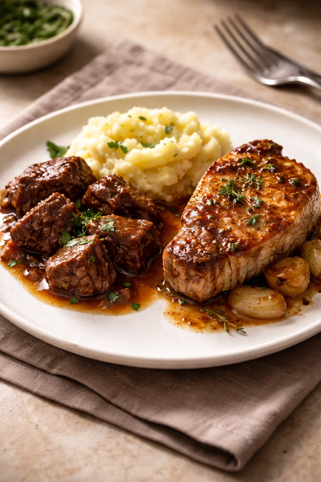 Beef bite with gravy and a small pork chop on a simple plate