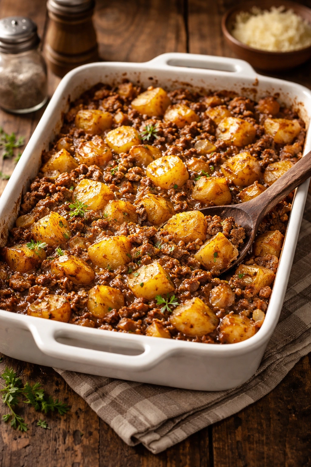 Beef and potato casserole with potatoes and onions in a savory bake