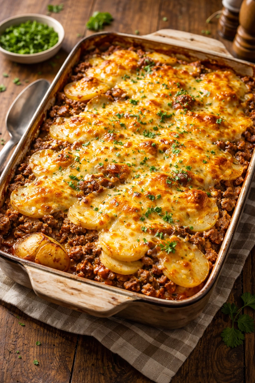 Bubbling cheesy beef and potato casserole with potatoes and melted cheese