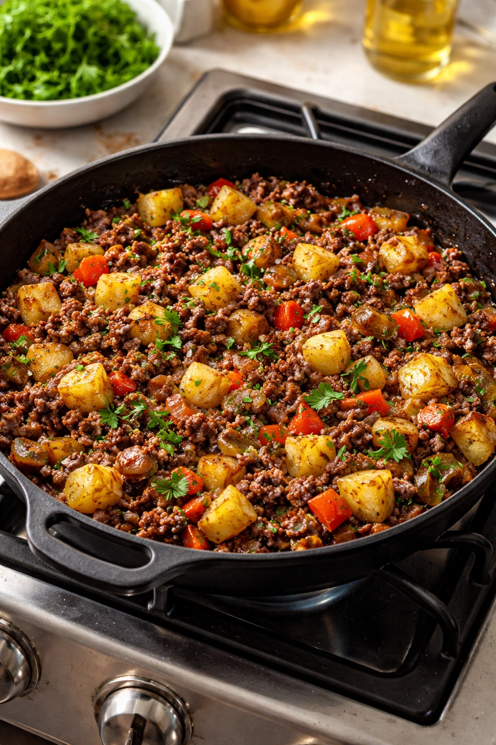 Skillet with browned beef and potatoes, onions, and peppers