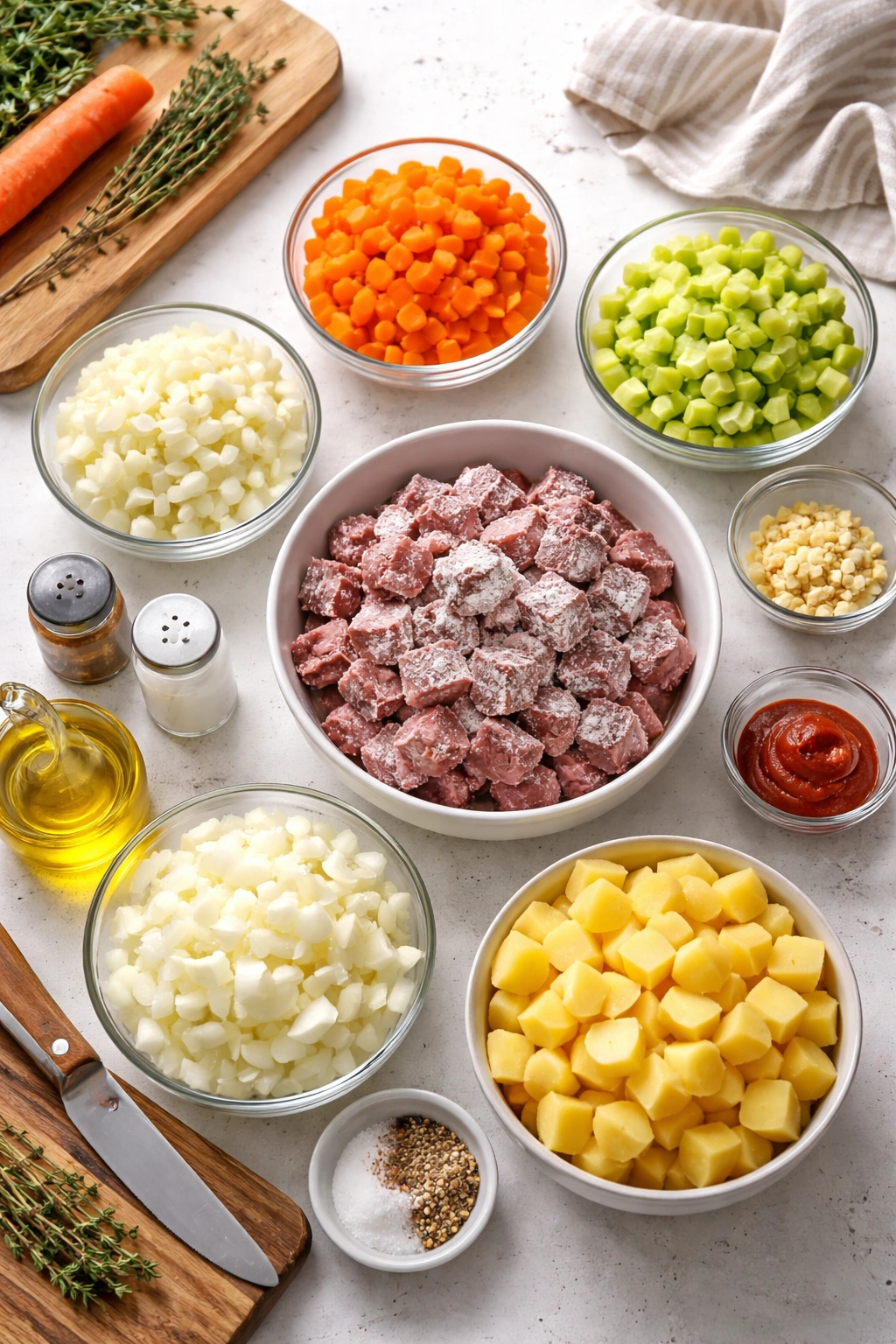 Prepped beef and vegetables arranged for beef stew on a clean counter.