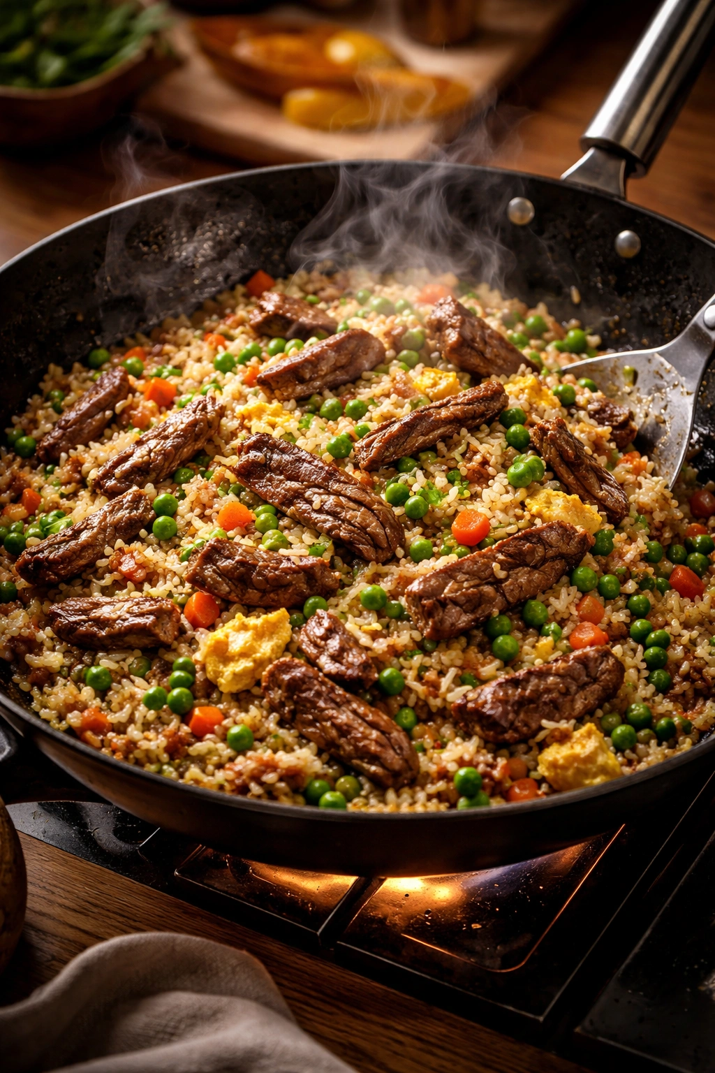 Close-up of sizzling beef fried rice in a wok with steam and glossy grains