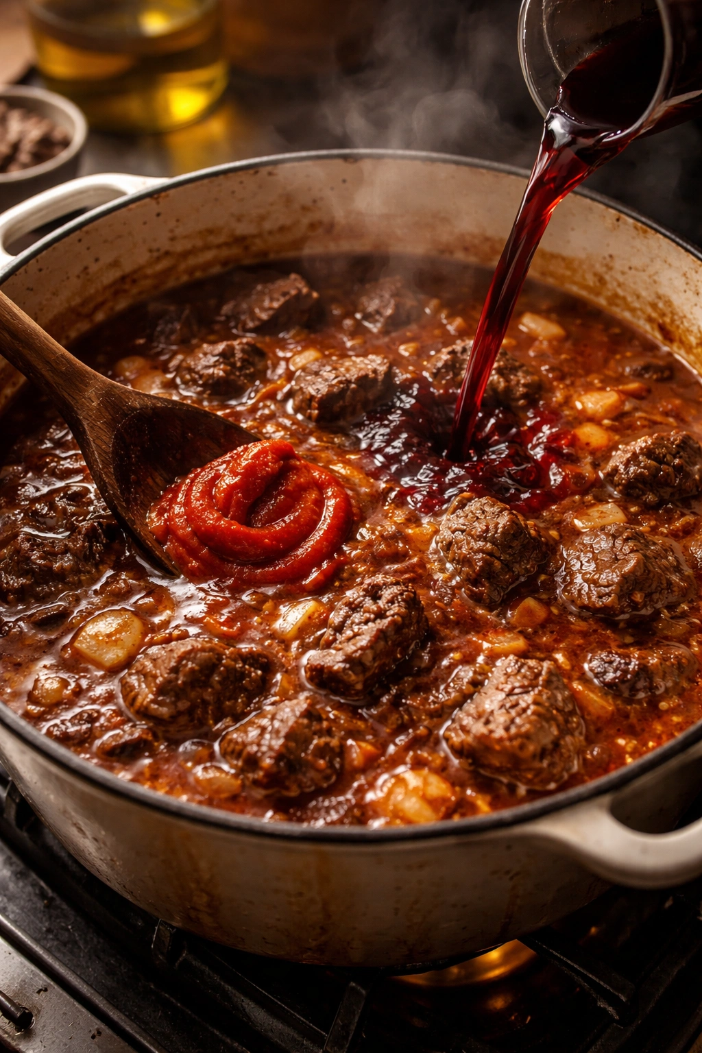 Rich simmering beef sauce with tomato paste swirl
