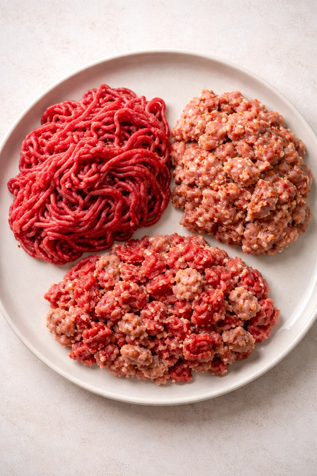 Raw ground beef and Italian sausage portions on a neutral plate