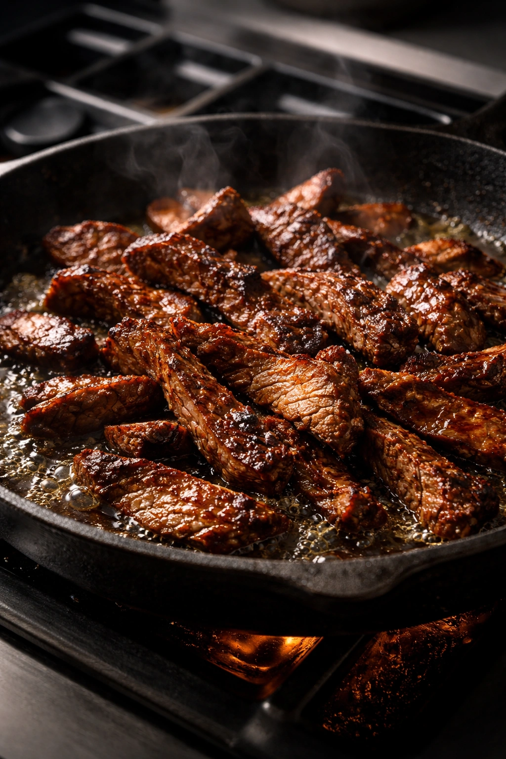 Close-up of charred beef slices searing in a cast iron skillet for authentic street tacos