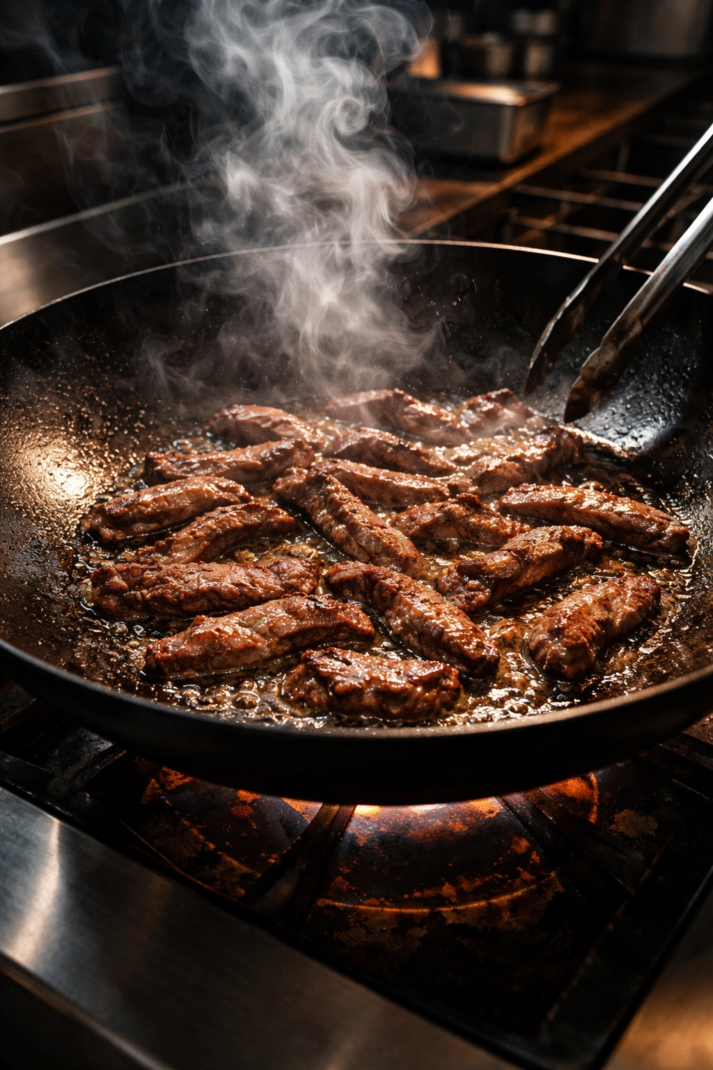 Close-up of beef browning in a hot wok with shimmering oil and rising steam