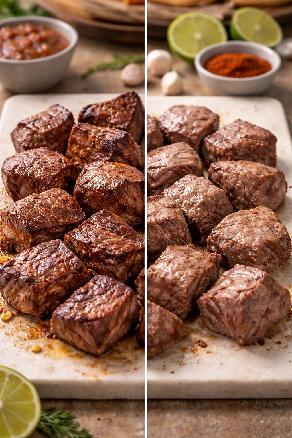 Split view of well-browned and under-seared beef chunks on a neutral surface