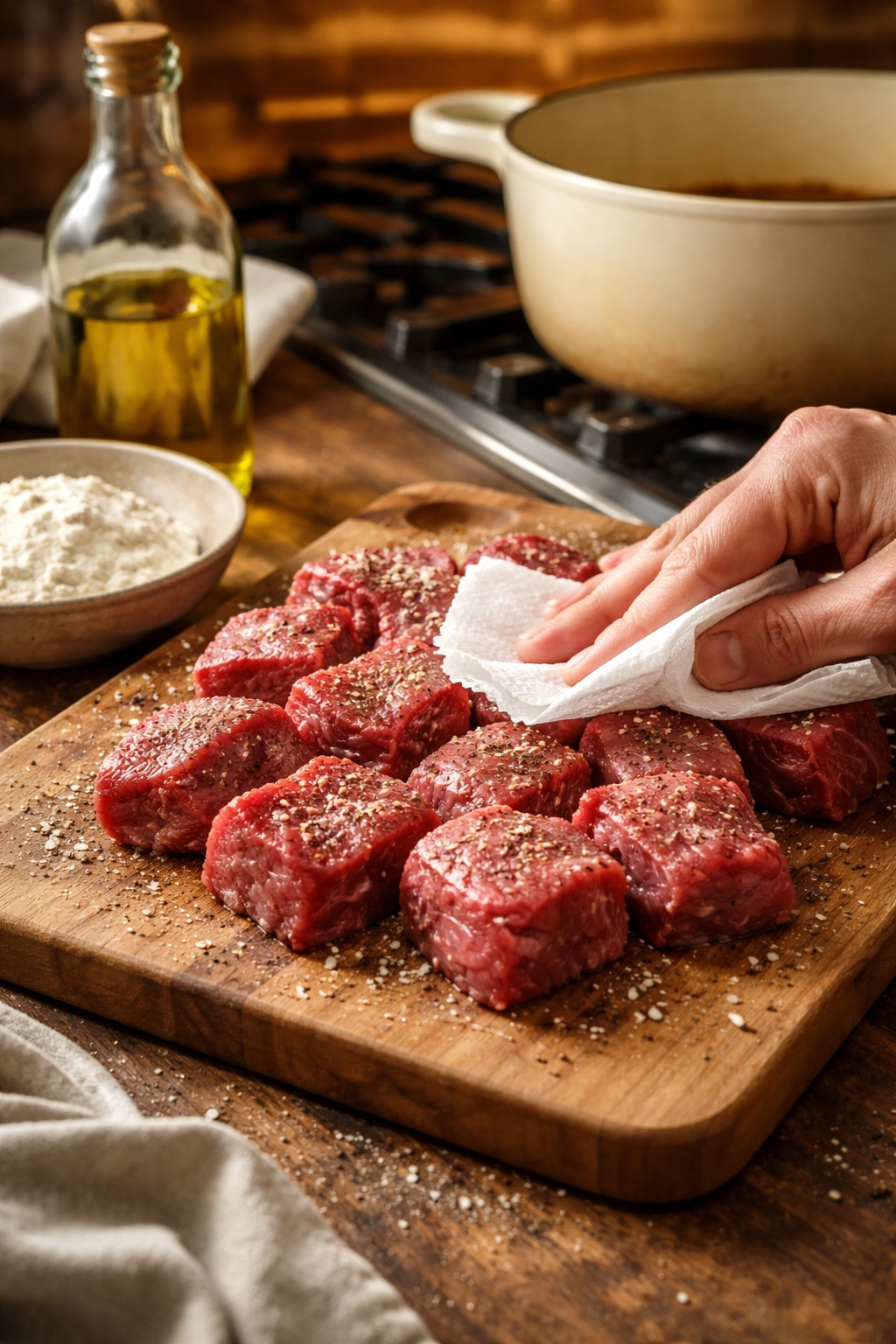 Beef chunks are patted dry and seasoned, prepared for searing in a kitchen