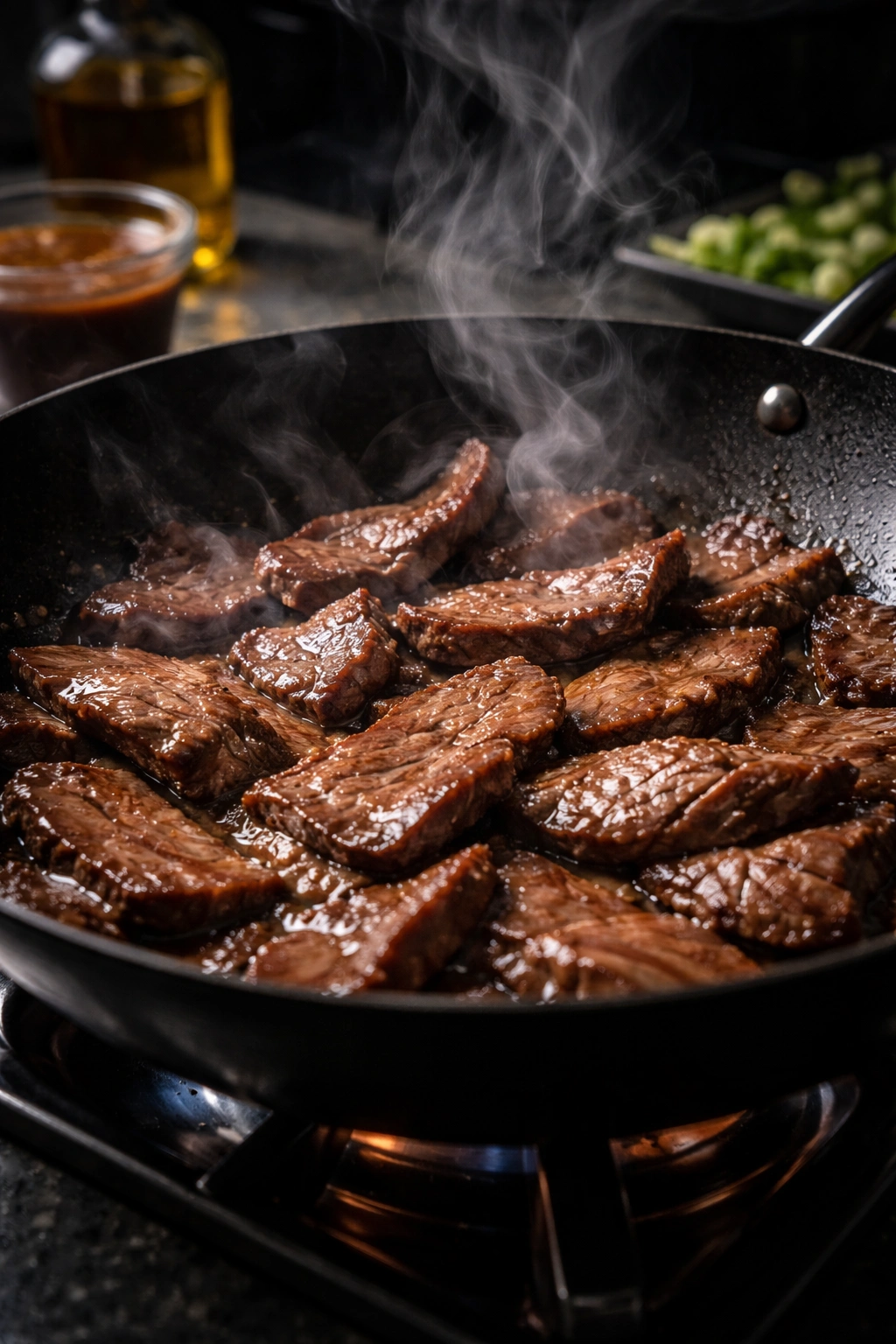 Close-up of beef browning in a hot skillet with sizzle