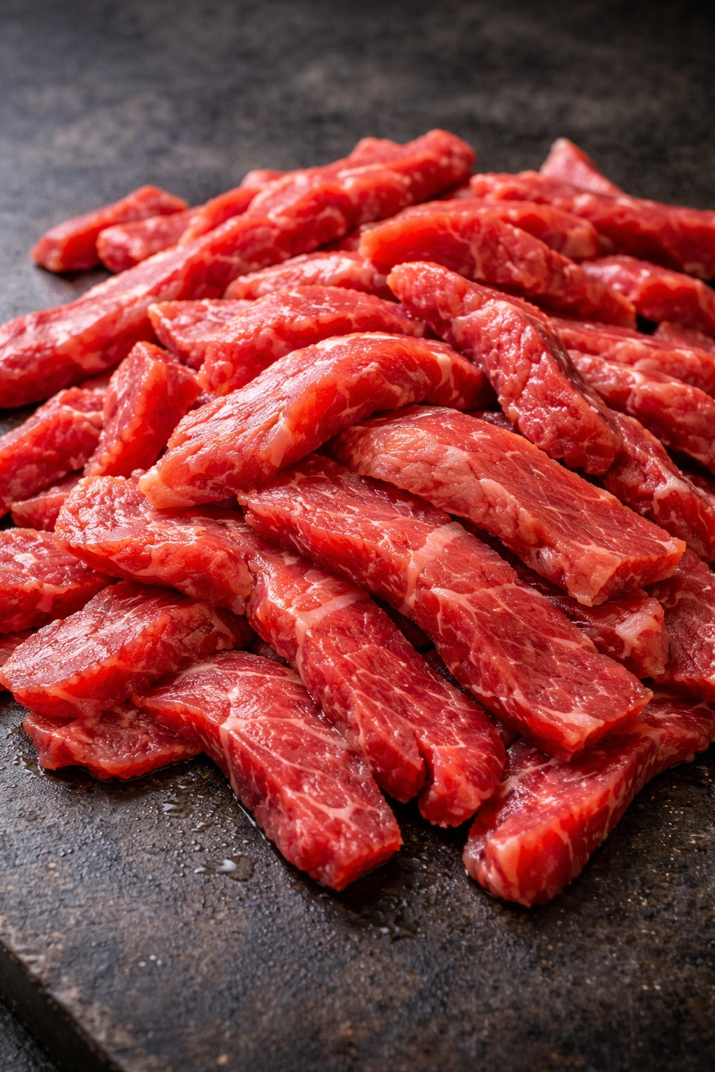 Thinly sliced beef strips with marbling on dark surface