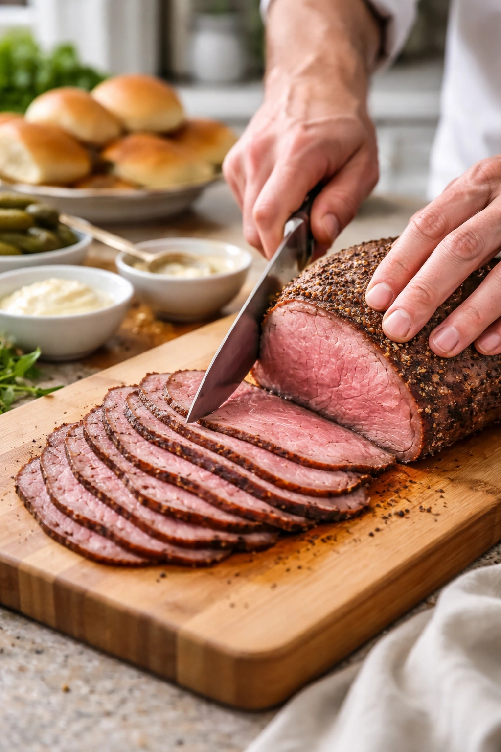 Thinly sliced roast beef being cut for sliders on a cutting board.
