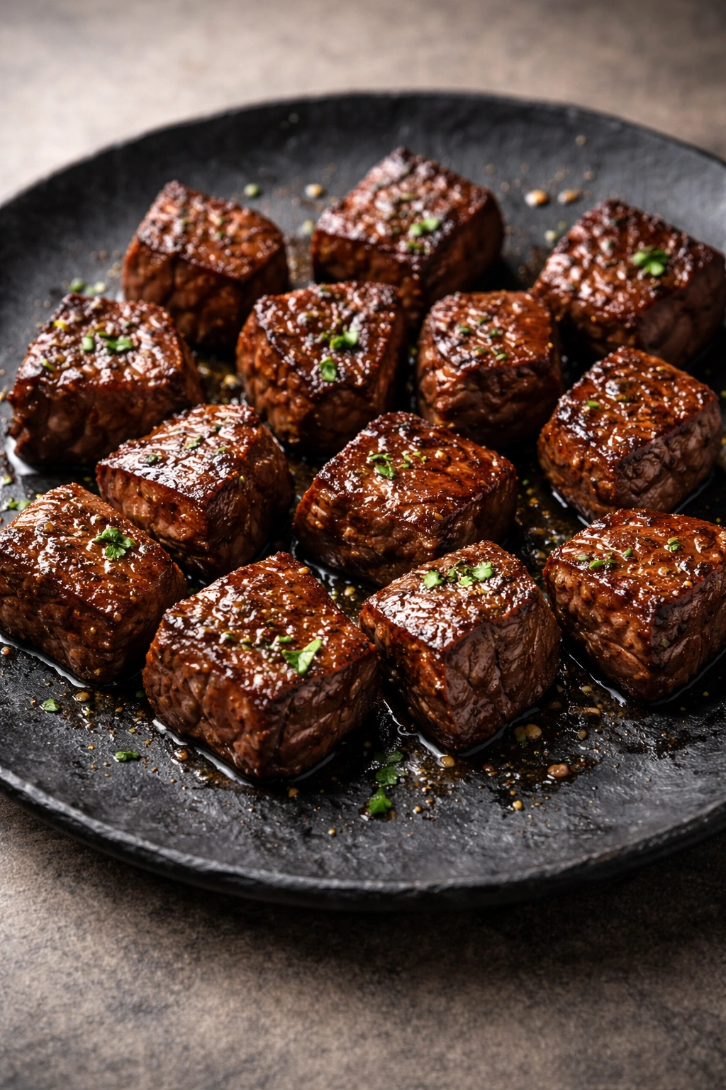 Beef steak bites with caramelized crust on plate
