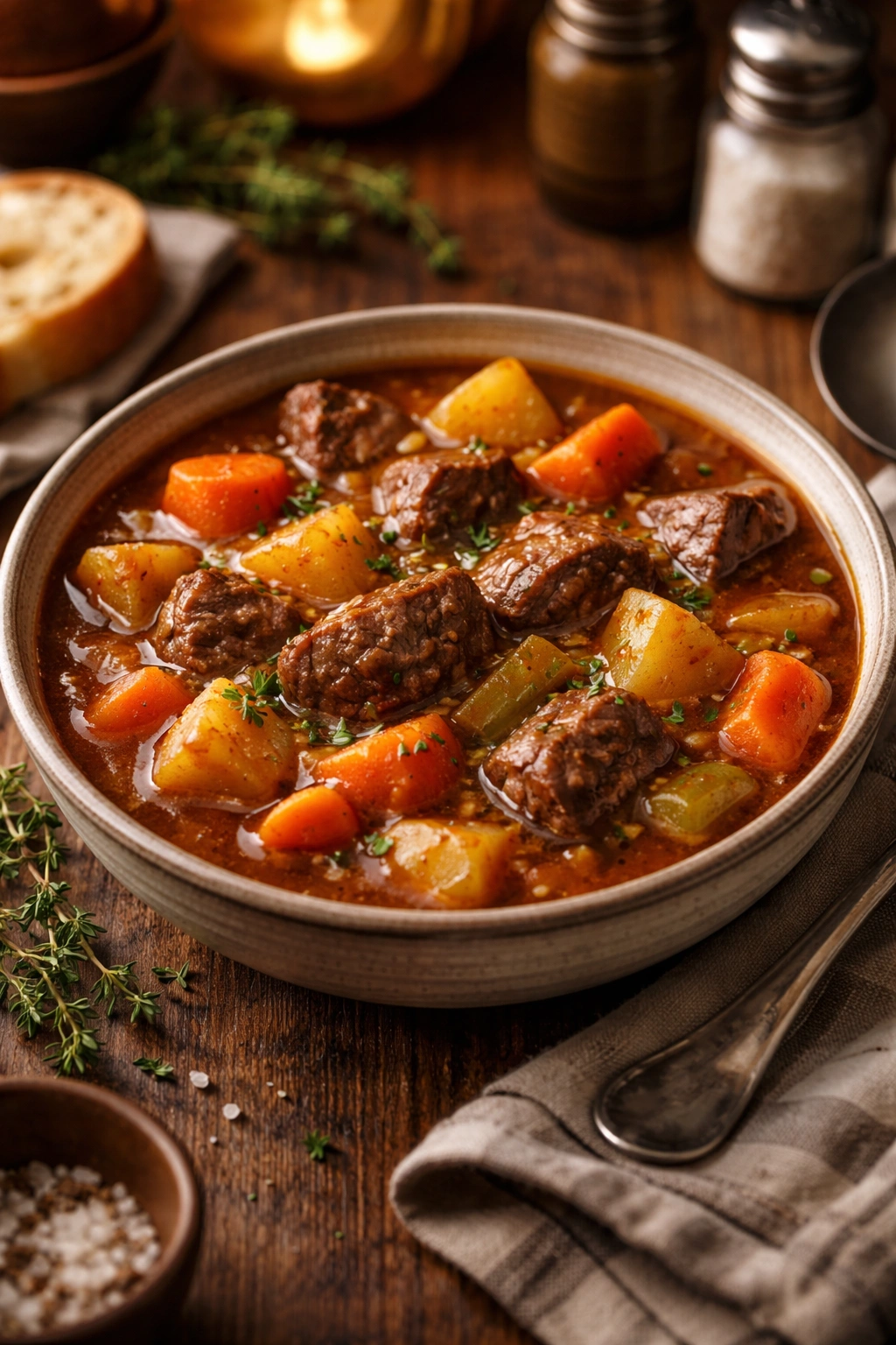 Bowl of beef stew with potatoes and carrots in thick broth