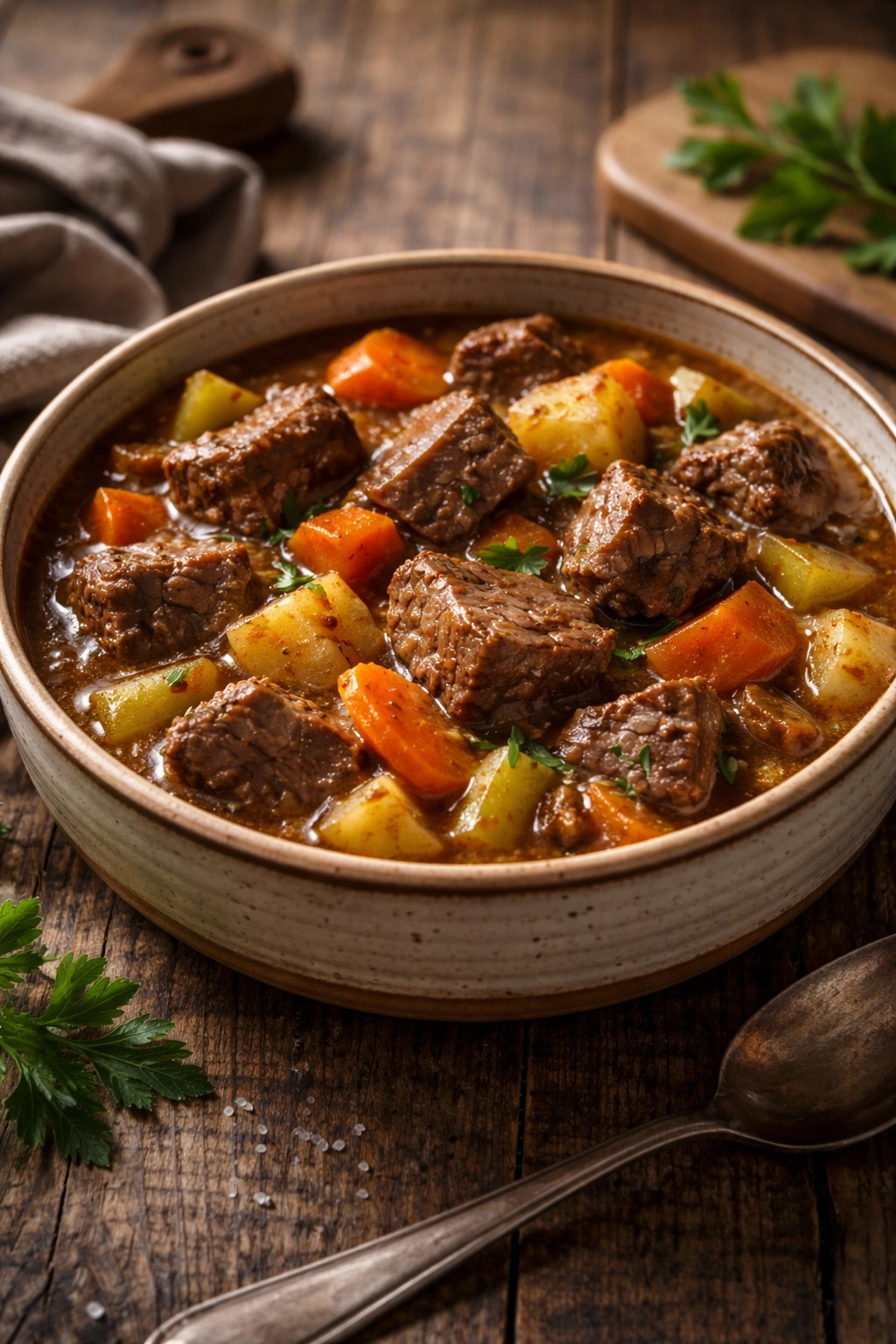 Beef stew in a rustic ceramic bowl with carrots and celery