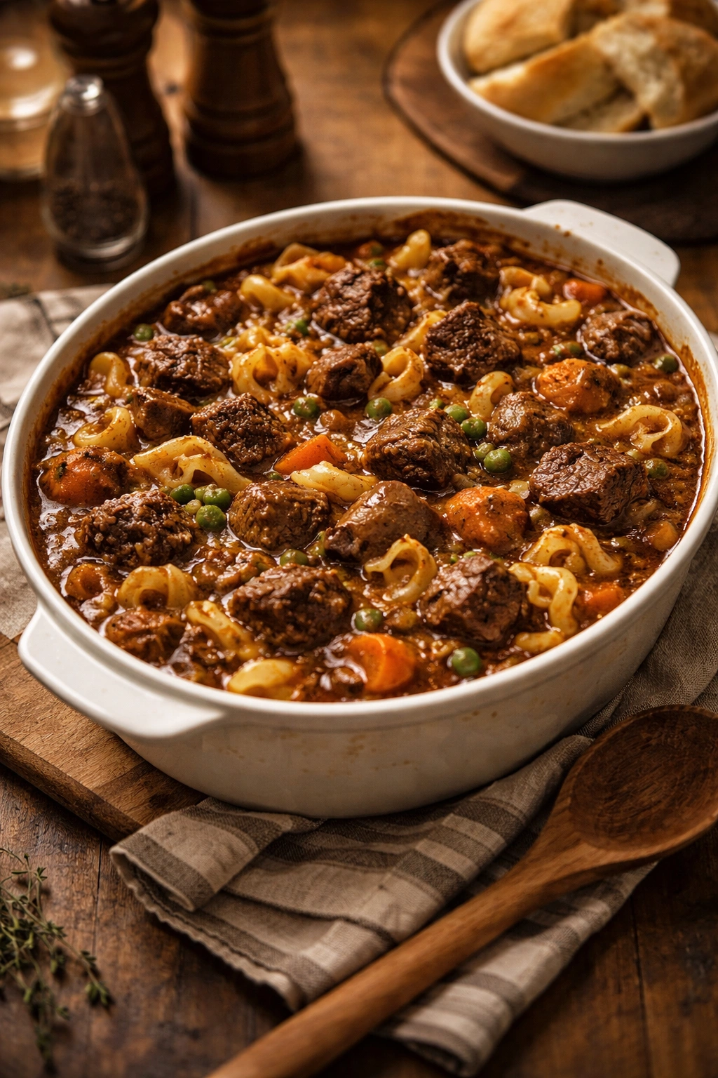 Beef stew casserole in a round dish with noodles and tender beef, warm kitchen ambiance.