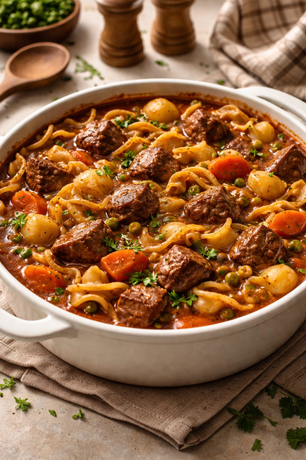 Beef stew casserole in a round ceramic dish with noodles and beef in rich gravy, warm kitchen setting.