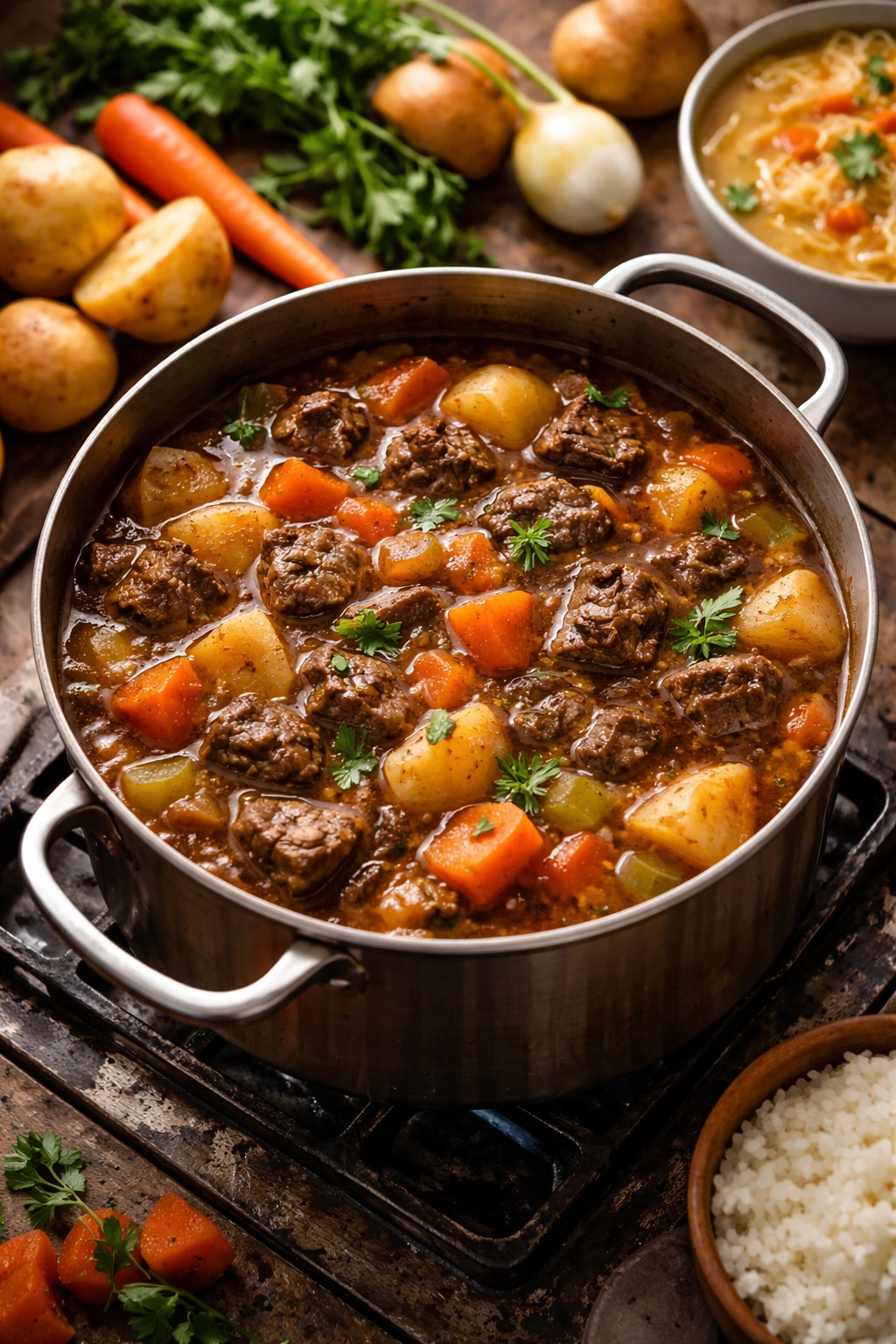 Large beef stew pot with potatoes and carrots on stove