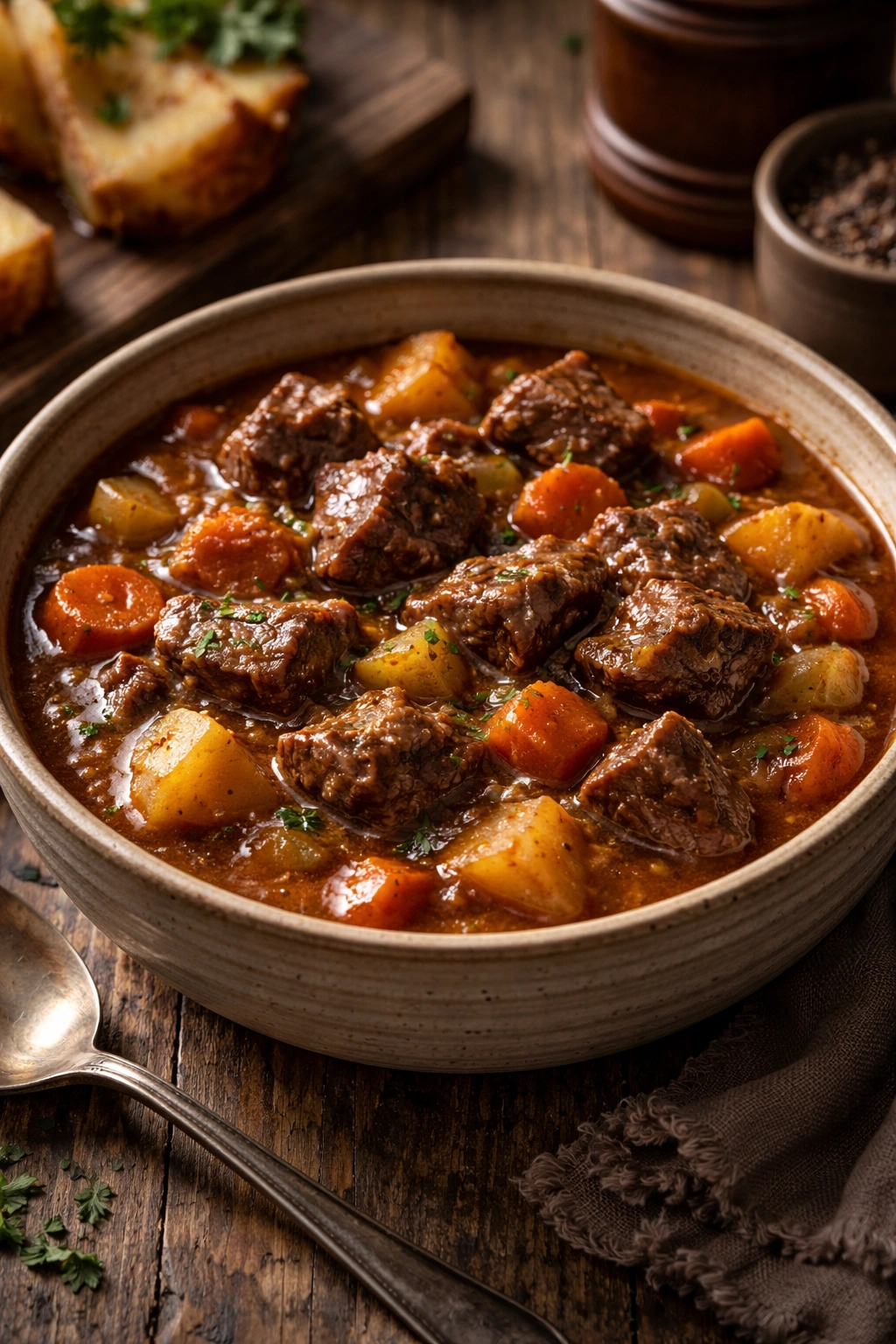 Beef stew with chunky beef and vegetables in a rustic bowl