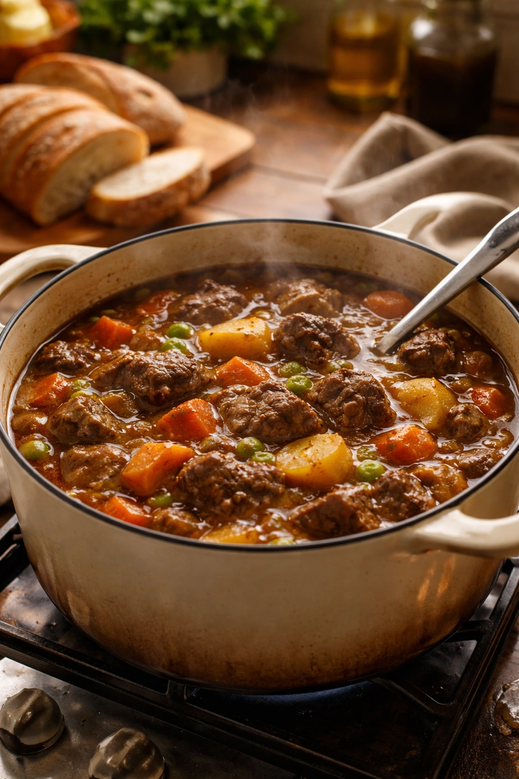 Beef stew bubbling in a pot with bread in a warm kitchen