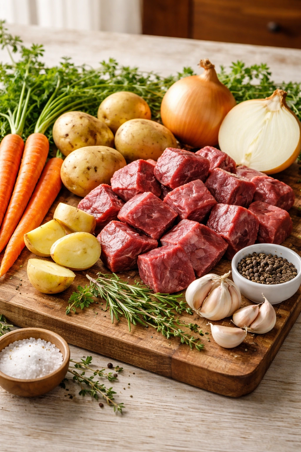 Beef chuck, potatoes, carrots, onions and garlic arranged on board
