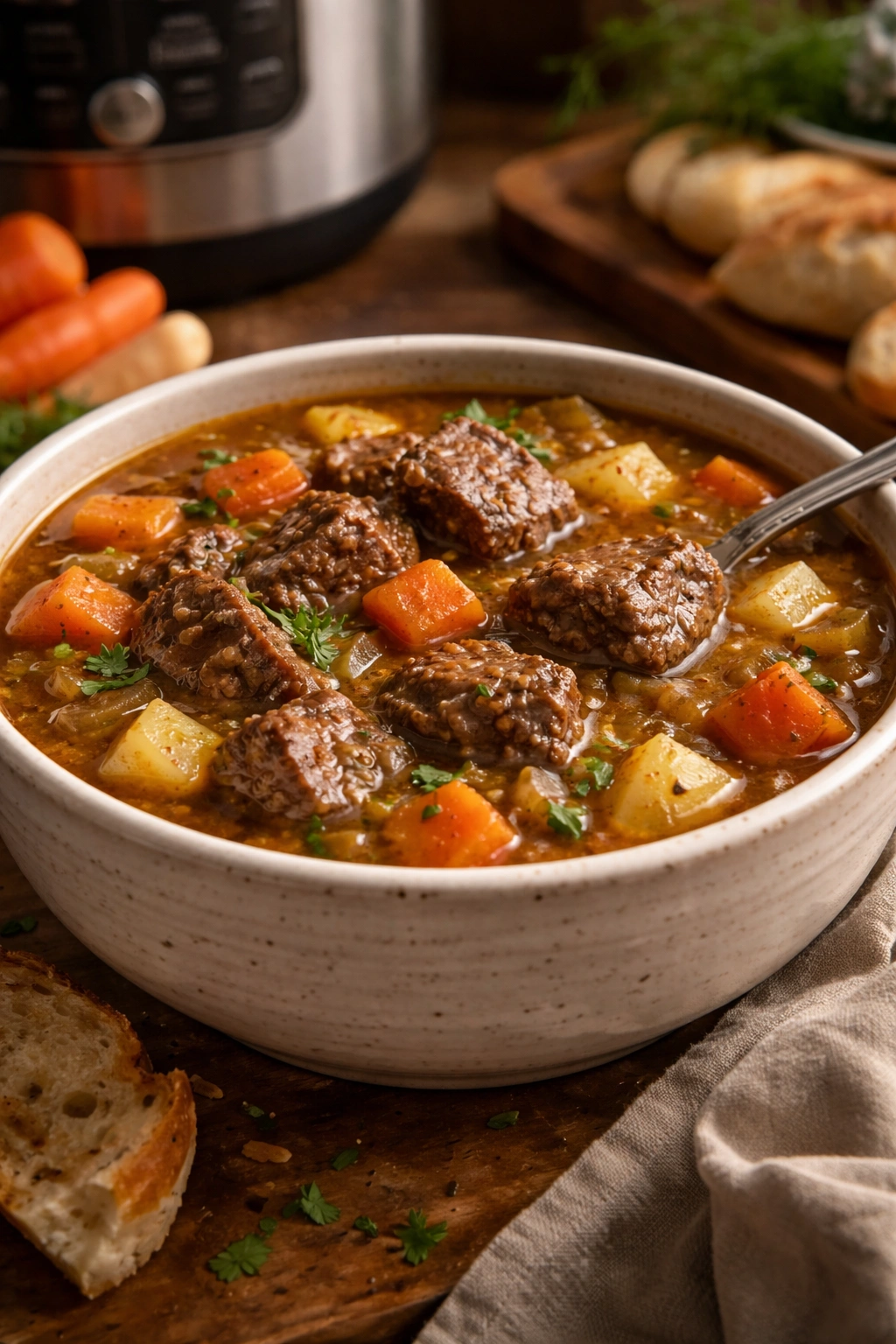 Close-up of beef stew with tender meat in rich gelatinous broth