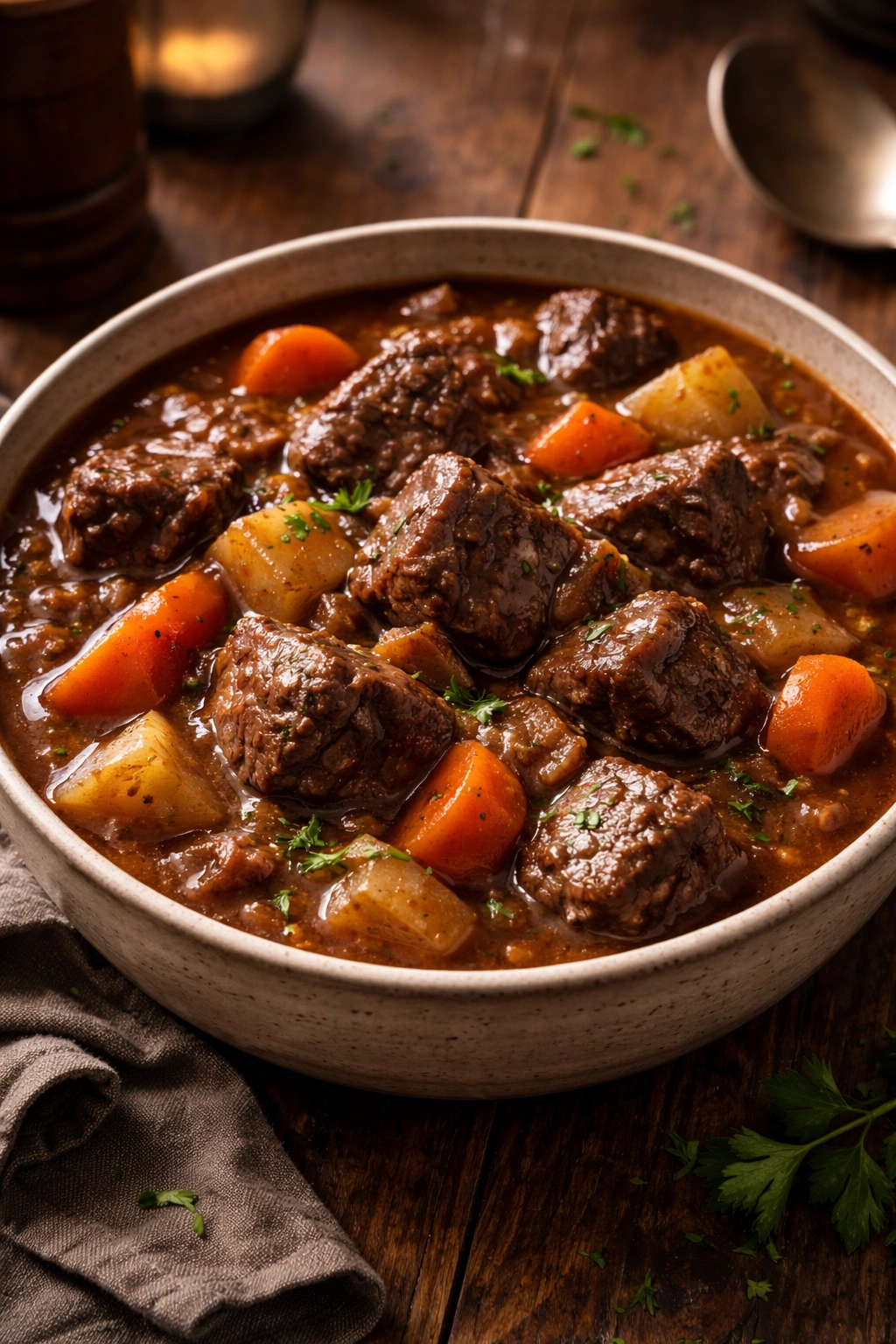 Beef stew in a rustic bowl showing tender meat and vegetables
