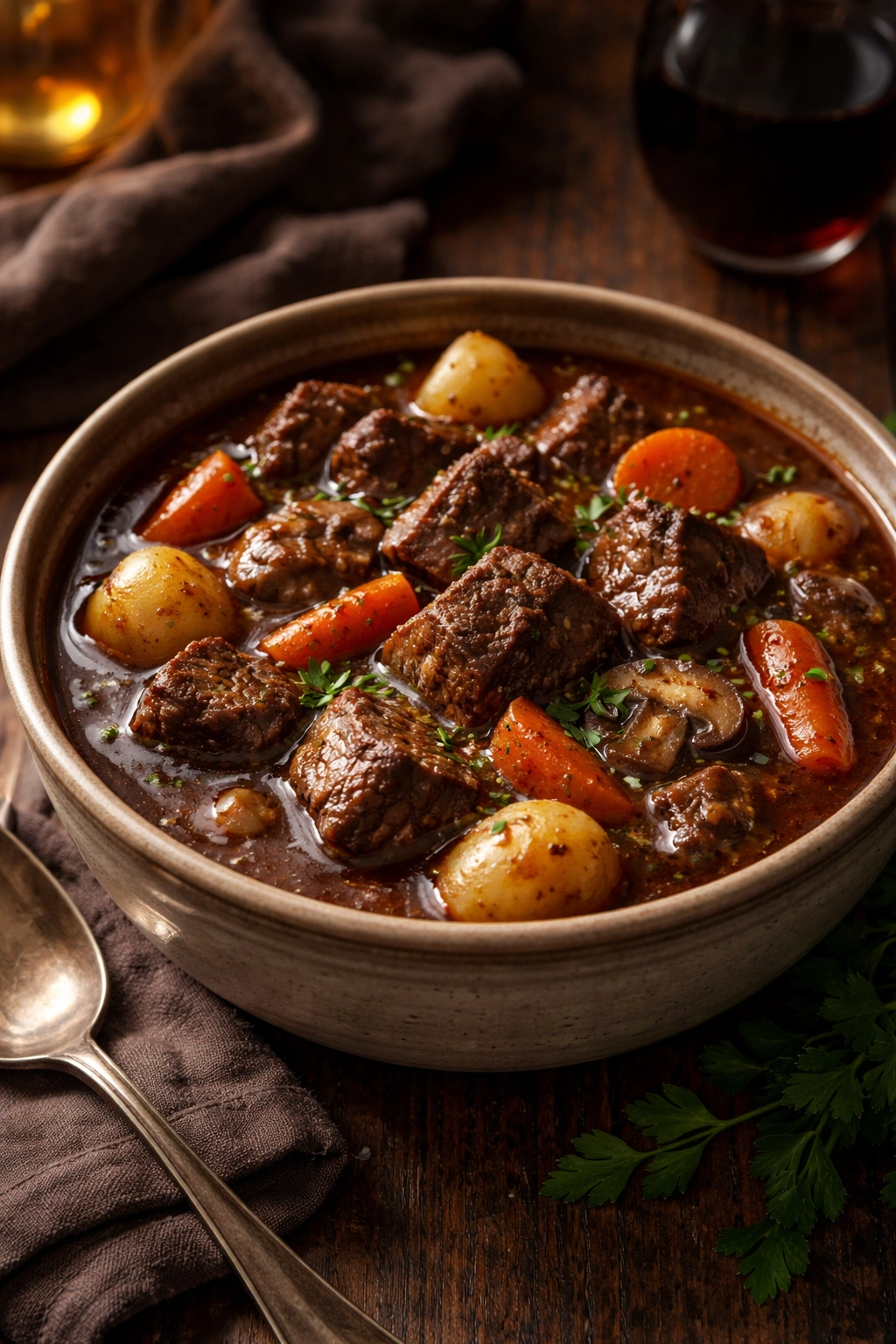 Beef stew with red wine in a rustic bowl with beef and vegetables